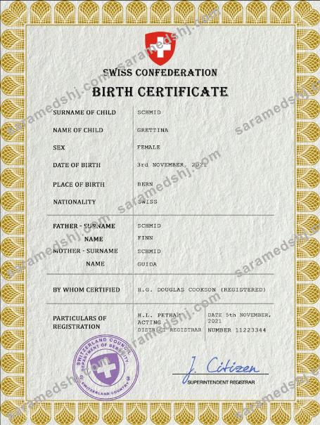 Switzerland vital record birth certificate PSD template